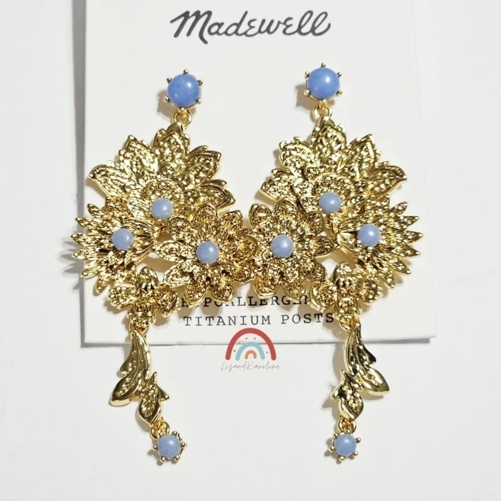 New! Madewell Semiprecious Floral Chintz Chandelier Earrings in Antique Gold